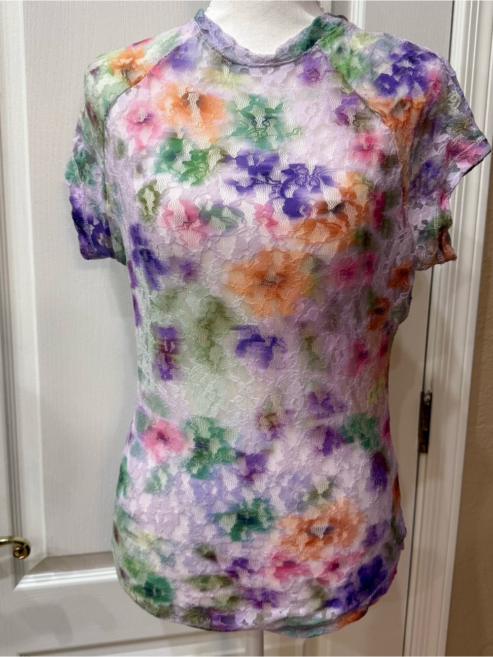 Anthropologie Pilcro Floral Short-Sleeve Mock-Neck Lace Top Medium